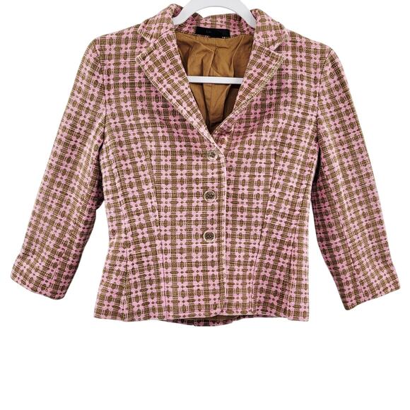EXPRESS Pink & Brown Tweed Fitted Lined Button-Up Blazer Jacket Women's Size 2 - Picture 1 of 8